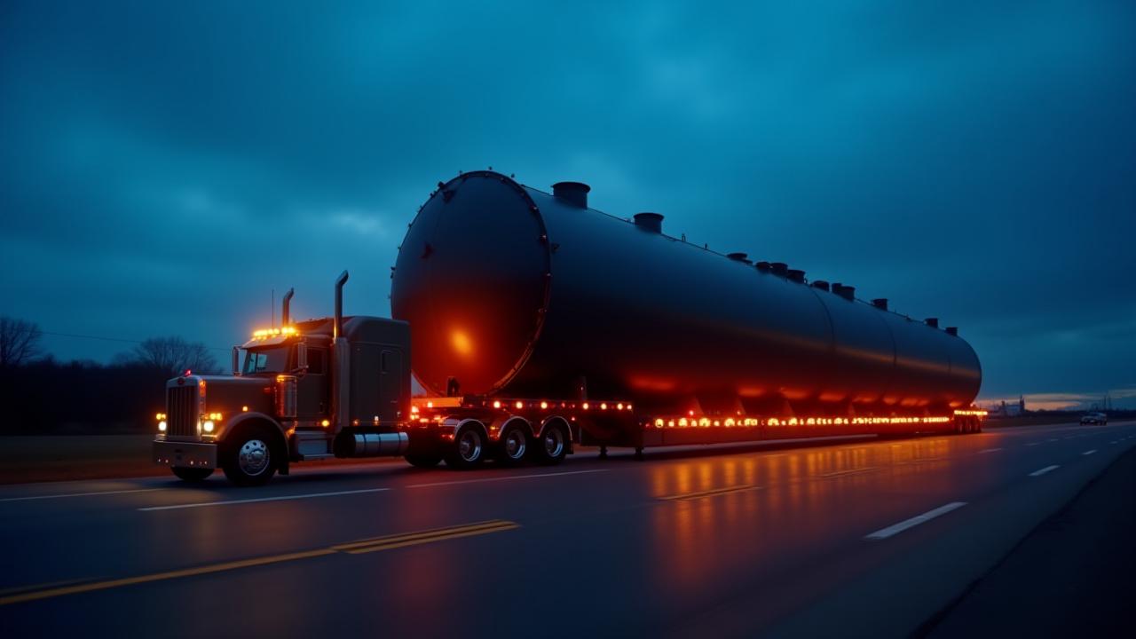 Oversized heavy haul load being transported at dusk