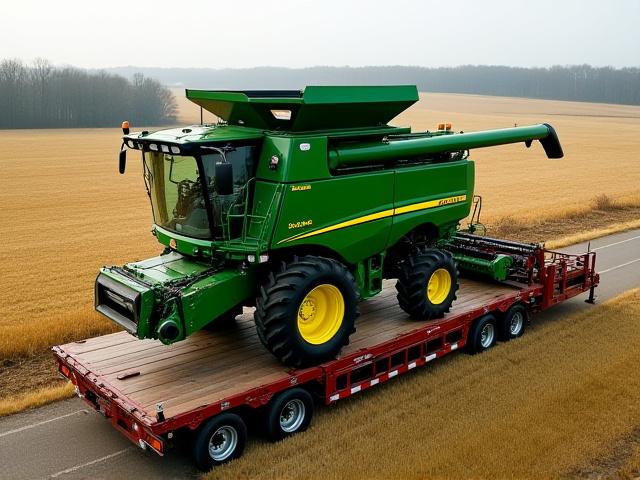 Large agricultural harvester on trailer
