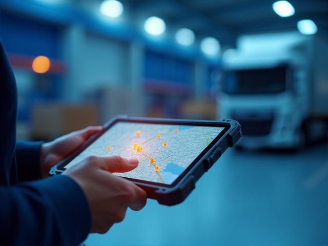 Logistics professional reviewing a delivery manifest in a high-tech warehouse environment