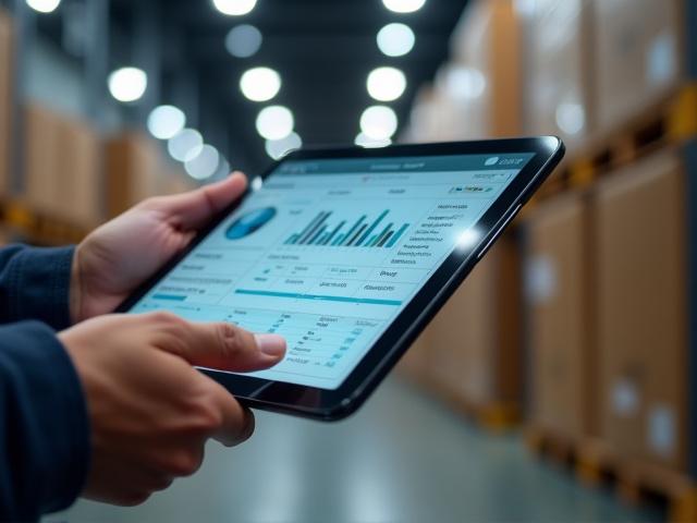 Professional logistics expert checking freight details on a tablet