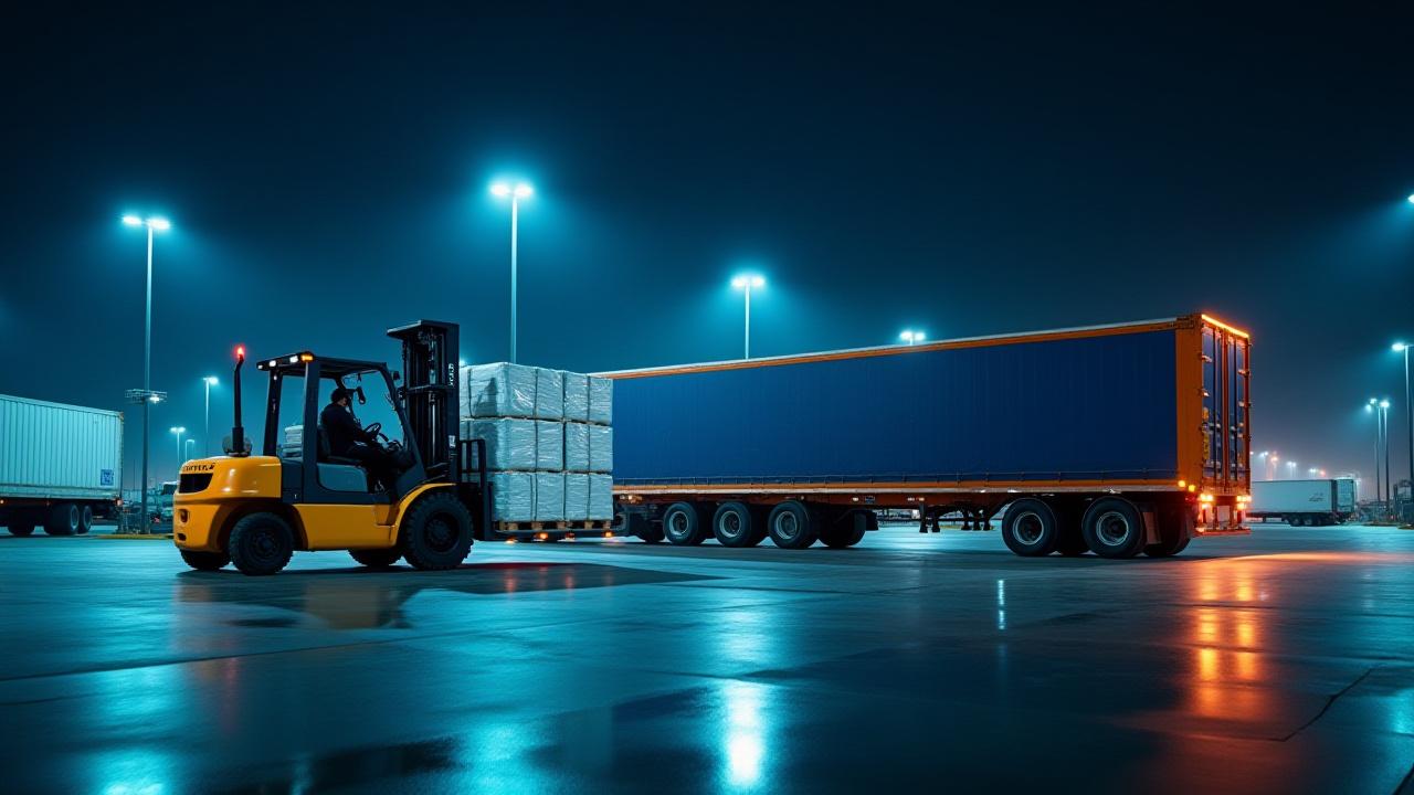 Forklift loading palletized freight into MR Bean transport truck