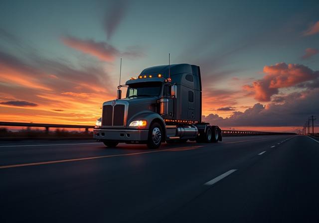 MR Bean Logistics truck crossing a Michigan highway under a golden dusk sky