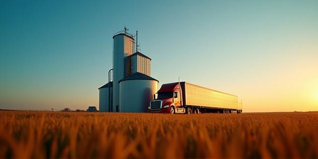 Truck driving past a Michigan grain silo at dawn