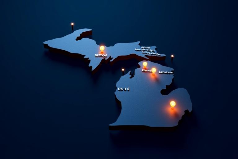 Custom route map of Michigan highlighting major service cities Detroit, Grand Rapids, and Lansing
